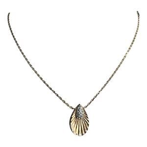 Vintage Textured Teardrop Pave Rhinestone Pendant Gold Tone Chain Necklace